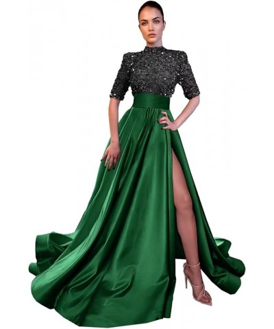 Satin Sequins Glitter Prom Dresses Slit High-Neck Ball Gown A Line Formal Evening Party Gowns for Women Black-green $36.75 Dr...