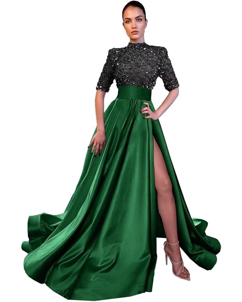 Satin Sequins Glitter Prom Dresses Slit High-Neck Ball Gown A Line Formal Evening Party Gowns for Women Black-green $36.75 Dr...