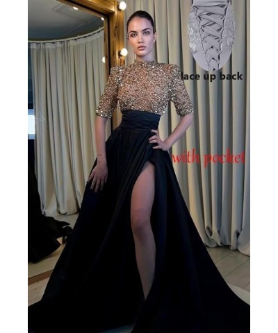 Satin Sequins Glitter Prom Dresses Slit High-Neck Ball Gown A Line Formal Evening Party Gowns for Women Black-green $36.75 Dr...