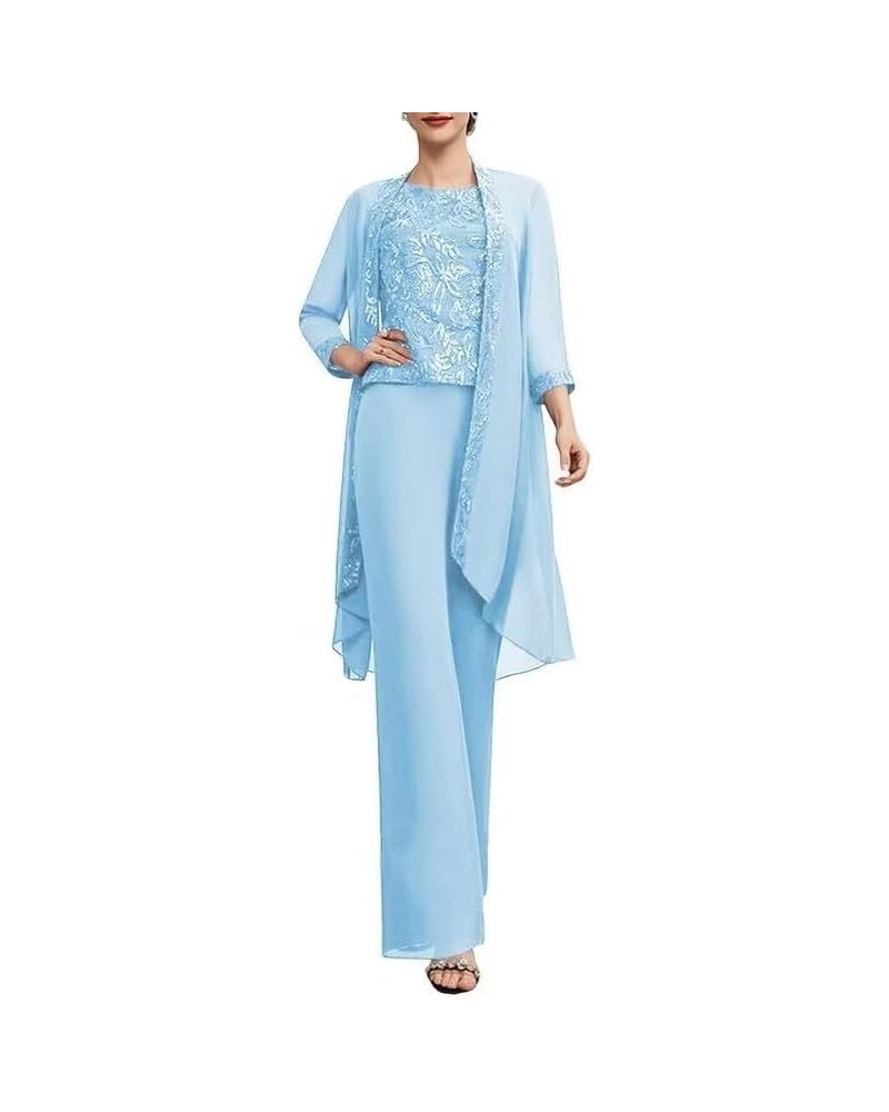 Long Sleeves Mother of The Bride Pant Suits for Wedding with Jacket 3 PCs Chiffon Appliques Formal Pant Suits for Women Sky B...