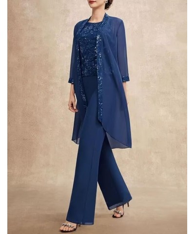 Long Sleeves Mother of The Bride Pant Suits for Wedding with Jacket 3 PCs Chiffon Appliques Formal Pant Suits for Women Sky B...