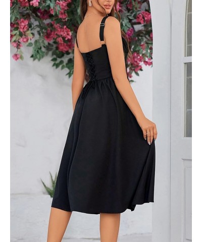 Women's Square Neck Button Lace Up Strap A Line Long Dress Casual Loose Wedding Guest Party Maxi Dresses with Pockets Black $...