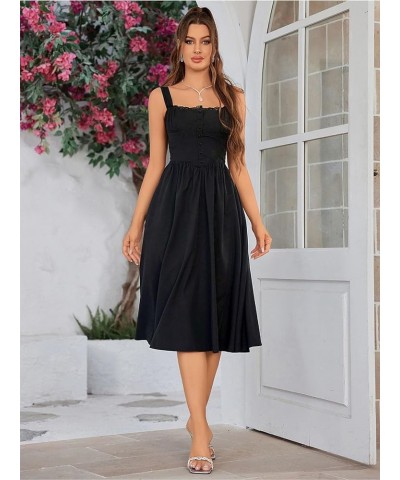 Women's Square Neck Button Lace Up Strap A Line Long Dress Casual Loose Wedding Guest Party Maxi Dresses with Pockets Black $...