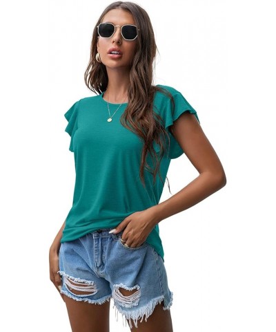 Women's Tops Summer Casual Ruffle Short Sleeves Knit Shirts Round Neck Tunic Top for Women 2024 Fashion Trend Blue Green $12....