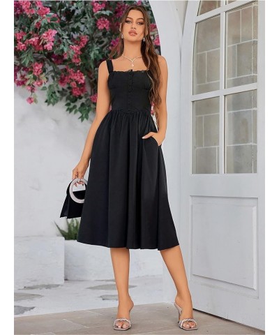 Women's Square Neck Button Lace Up Strap A Line Long Dress Casual Loose Wedding Guest Party Maxi Dresses with Pockets Black $...