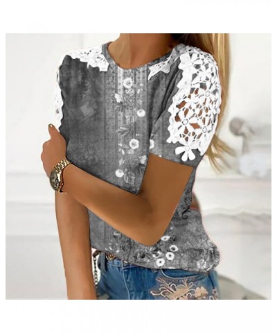 Women 2023 Guipure Lace Trim Blouses Summer Casual Tops Shirts Short Sleeve Floral Tunic Dressy Trendy Ladies Clothes Gray 25...