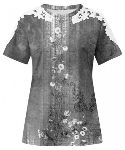 Women 2023 Guipure Lace Trim Blouses Summer Casual Tops Shirts Short Sleeve Floral Tunic Dressy Trendy Ladies Clothes Gray 25...