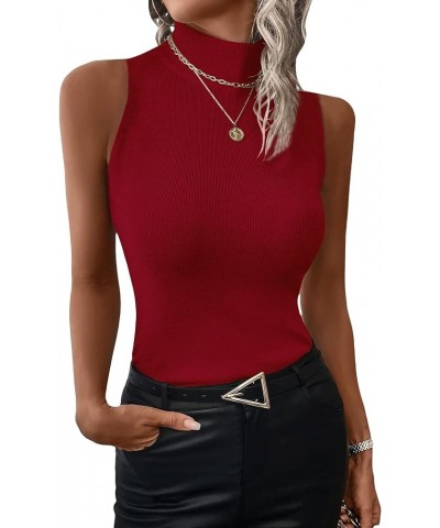 Women's Mock Turtle Neck Tops Sexy Ribbed Knit Sleeveless Tank Tops Basic Slim Fitted Shirts Solid Red $12.50 Tanks