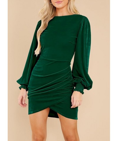 Women's Elegant Velvet Long Sleeve Bodycon Dress Wrap Ruched Wedding Guest Formal Cocktail Mini Dress Dark Green $27.55 Dresses