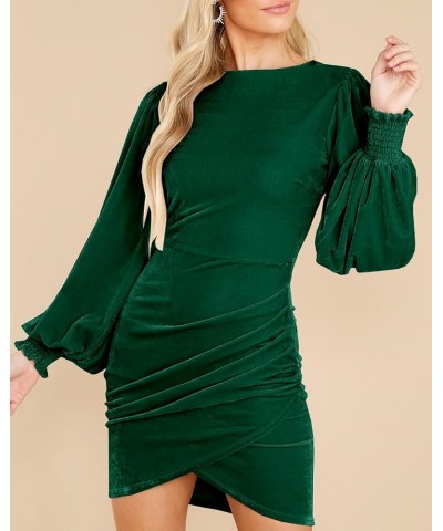 Women's Elegant Velvet Long Sleeve Bodycon Dress Wrap Ruched Wedding Guest Formal Cocktail Mini Dress Dark Green $27.55 Dresses