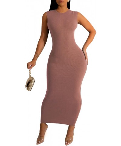 Women's Basic Ribbed Bodycon Dress Round Neck Tank Sleeveless Pencil Long Dresses B-dusty Pink $11.07 Dresses