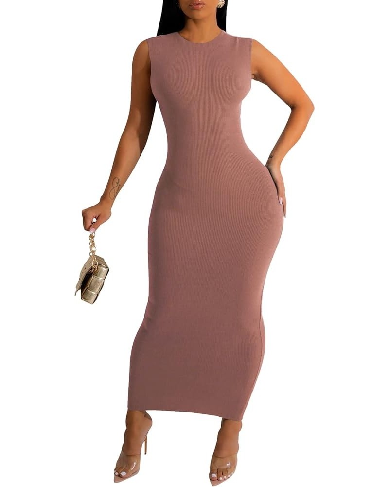 Women's Basic Ribbed Bodycon Dress Round Neck Tank Sleeveless Pencil Long Dresses B-dusty Pink $11.07 Dresses