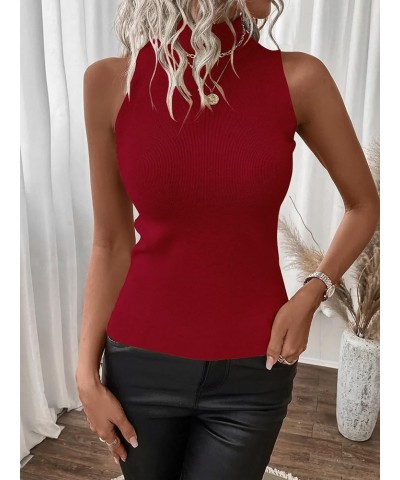 Women's Mock Turtle Neck Tops Sexy Ribbed Knit Sleeveless Tank Tops Basic Slim Fitted Shirts Solid Red $12.50 Tanks