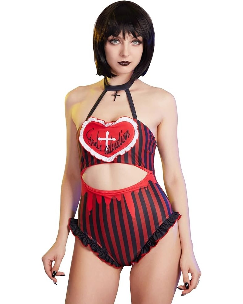 Women Anime One Piece Swimsuit Set Kawaii Bathing Suit Maid Swimwear Bow Tie Bowknot Ruffle Black Red Heart $7.50 Swimsuits