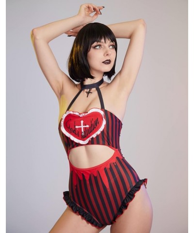 Women Anime One Piece Swimsuit Set Kawaii Bathing Suit Maid Swimwear Bow Tie Bowknot Ruffle Black Red Heart $7.50 Swimsuits