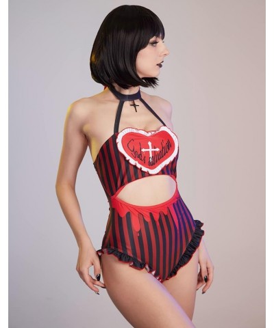 Women Anime One Piece Swimsuit Set Kawaii Bathing Suit Maid Swimwear Bow Tie Bowknot Ruffle Black Red Heart $7.50 Swimsuits