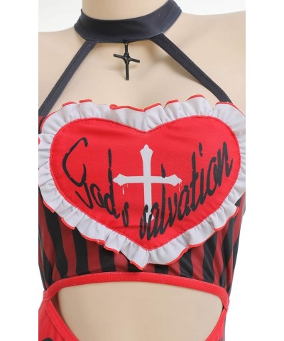 Women Anime One Piece Swimsuit Set Kawaii Bathing Suit Maid Swimwear Bow Tie Bowknot Ruffle Black Red Heart $7.50 Swimsuits