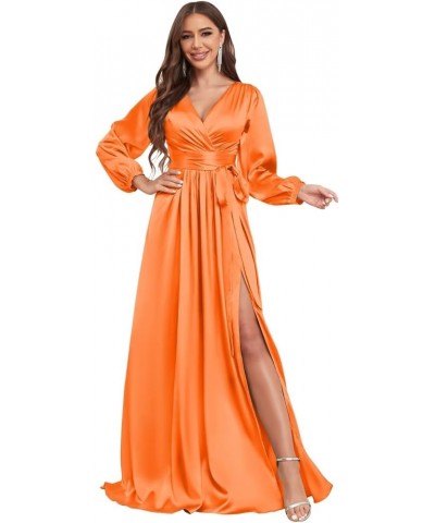 Long Sleeve Satin Bridesmaid Dresses for Wedding V Neck Formal Evening Dress with Slit Orange $41.24 Dresses