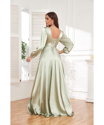 Long Sleeve Satin Bridesmaid Dresses for Wedding V Neck Formal Evening Dress with Slit Orange $41.24 Dresses