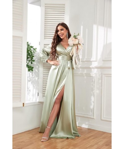 Long Sleeve Satin Bridesmaid Dresses for Wedding V Neck Formal Evening Dress with Slit Orange $41.24 Dresses