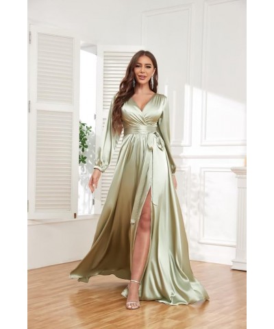 Long Sleeve Satin Bridesmaid Dresses for Wedding V Neck Formal Evening Dress with Slit Orange $41.24 Dresses