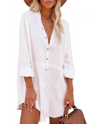 Women's Long Sleeve V Neck Blouse Loose Button Down Shirt Mini Dress Casual Tunic Tops White $20.90 Tops