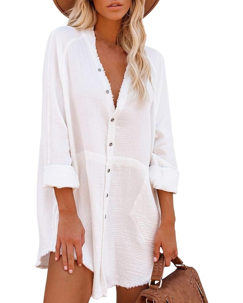 Women's Long Sleeve V Neck Blouse Loose Button Down Shirt Mini Dress Casual Tunic Tops White $20.90 Tops