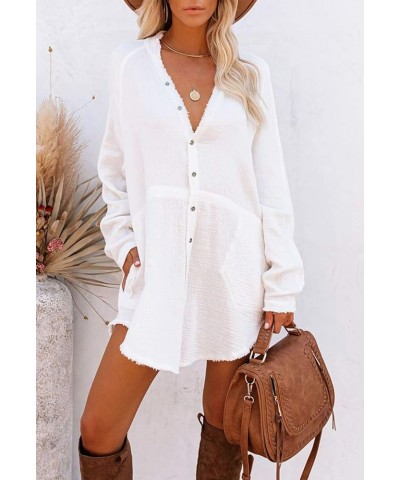 Women's Long Sleeve V Neck Blouse Loose Button Down Shirt Mini Dress Casual Tunic Tops White $20.90 Tops