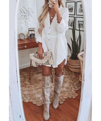 Women's Long Sleeve V Neck Blouse Loose Button Down Shirt Mini Dress Casual Tunic Tops White $20.90 Tops