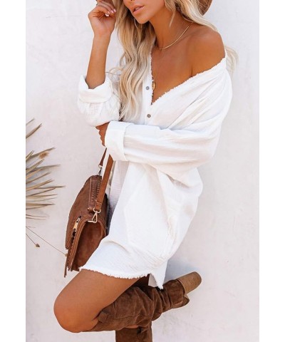 Women's Long Sleeve V Neck Blouse Loose Button Down Shirt Mini Dress Casual Tunic Tops White $20.90 Tops