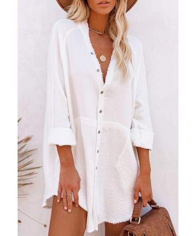 Women's Long Sleeve V Neck Blouse Loose Button Down Shirt Mini Dress Casual Tunic Tops White $20.90 Tops