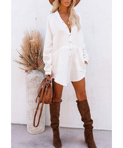 Women's Long Sleeve V Neck Blouse Loose Button Down Shirt Mini Dress Casual Tunic Tops White $20.90 Tops