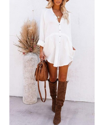 Women's Long Sleeve V Neck Blouse Loose Button Down Shirt Mini Dress Casual Tunic Tops White $20.90 Tops