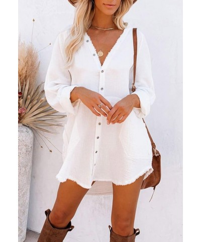 Women's Long Sleeve V Neck Blouse Loose Button Down Shirt Mini Dress Casual Tunic Tops White $20.90 Tops