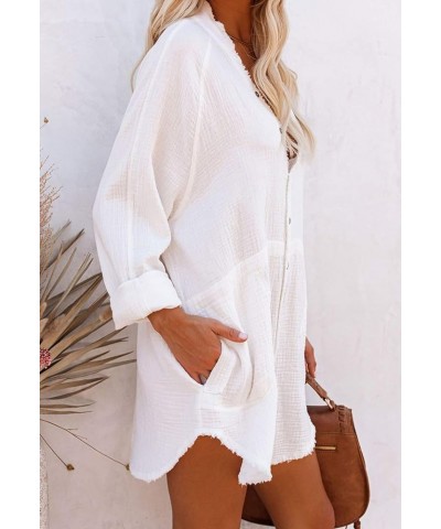 Women's Long Sleeve V Neck Blouse Loose Button Down Shirt Mini Dress Casual Tunic Tops White $20.90 Tops