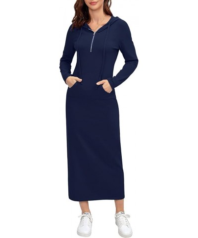 Women Casual Pocket Quarter-Zip Neck 3/4 Sleeve Slim Split Pullover Hoodie Maxi Dress Navy Blue-front Pocket-long Sleeve $15....