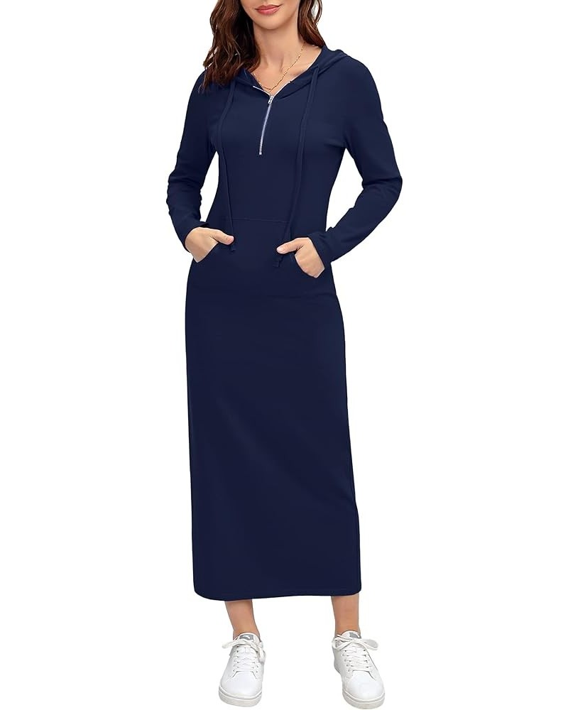 Women Casual Pocket Quarter-Zip Neck 3/4 Sleeve Slim Split Pullover Hoodie Maxi Dress Navy Blue-front Pocket-long Sleeve $15....