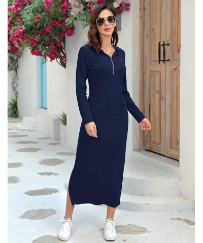 Women Casual Pocket Quarter-Zip Neck 3/4 Sleeve Slim Split Pullover Hoodie Maxi Dress Navy Blue-front Pocket-long Sleeve $15....