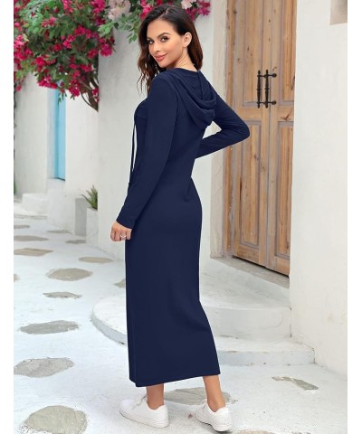 Women Casual Pocket Quarter-Zip Neck 3/4 Sleeve Slim Split Pullover Hoodie Maxi Dress Navy Blue-front Pocket-long Sleeve $15....