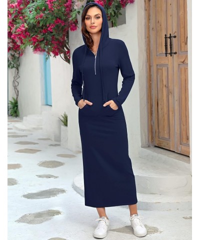 Women Casual Pocket Quarter-Zip Neck 3/4 Sleeve Slim Split Pullover Hoodie Maxi Dress Navy Blue-front Pocket-long Sleeve $15....