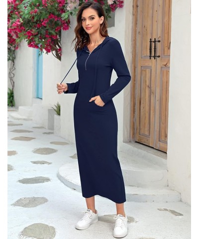 Women Casual Pocket Quarter-Zip Neck 3/4 Sleeve Slim Split Pullover Hoodie Maxi Dress Navy Blue-front Pocket-long Sleeve $15....