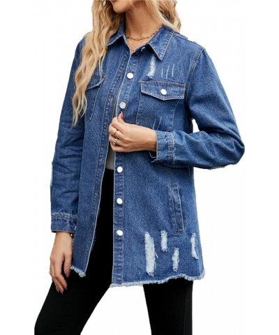 Denim Jacket for Women Long Sleeve Distressed Ripped Jean Coat Outerwear Classic Blue $23.51 Jackets