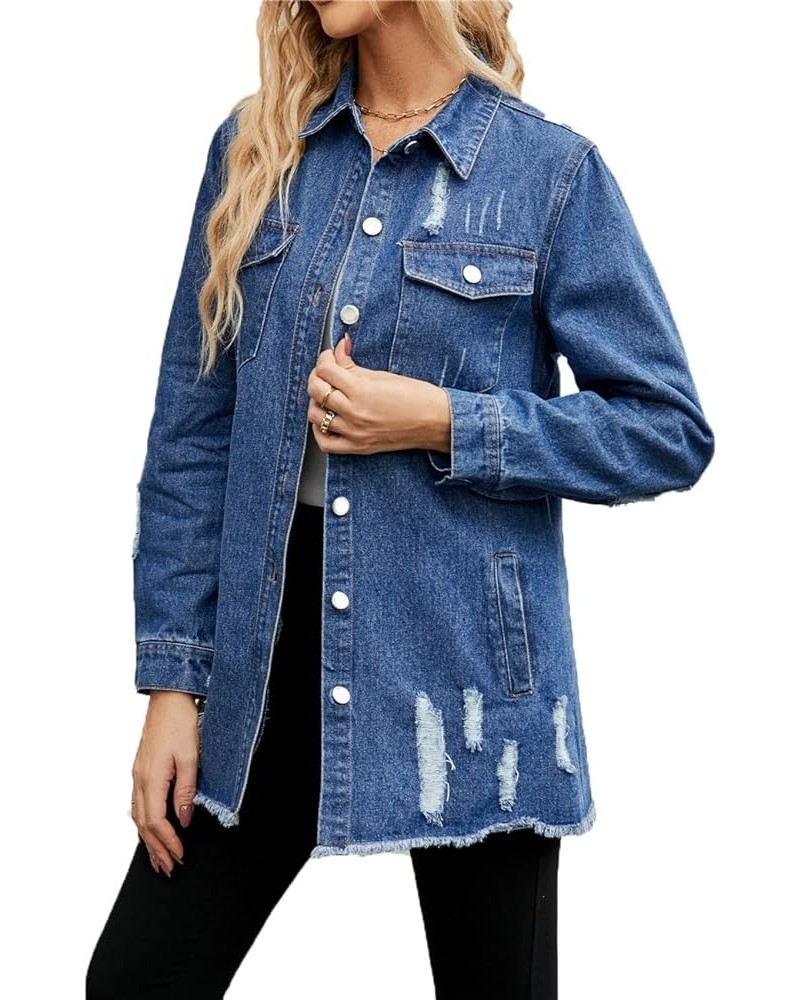 Denim Jacket for Women Long Sleeve Distressed Ripped Jean Coat Outerwear Classic Blue $23.51 Jackets