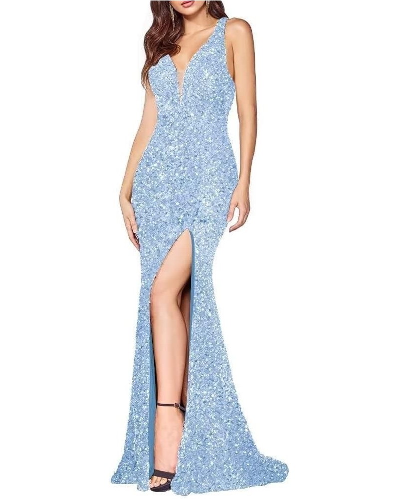 Women Sequin Prom Dress Long Mermaid Bridesmaid Dresses Slit Formal Evening Party Gown LNL085 Light Blue $26.65 Dresses