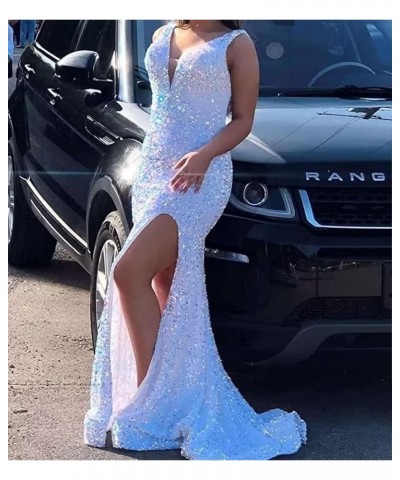 Women Sequin Prom Dress Long Mermaid Bridesmaid Dresses Slit Formal Evening Party Gown LNL085 Light Blue $26.65 Dresses