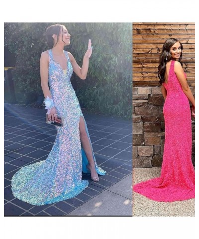 Women Sequin Prom Dress Long Mermaid Bridesmaid Dresses Slit Formal Evening Party Gown LNL085 Light Blue $26.65 Dresses