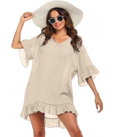 Women's Swimsuit Cover Ups Sexy V Neck Bathing Suit Coverups Dress Ruffle Sleeves Bikini Beachwear Loose Top XS-3XL Beige $10...