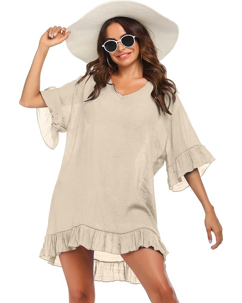 Women's Swimsuit Cover Ups Sexy V Neck Bathing Suit Coverups Dress Ruffle Sleeves Bikini Beachwear Loose Top XS-3XL Beige $10...