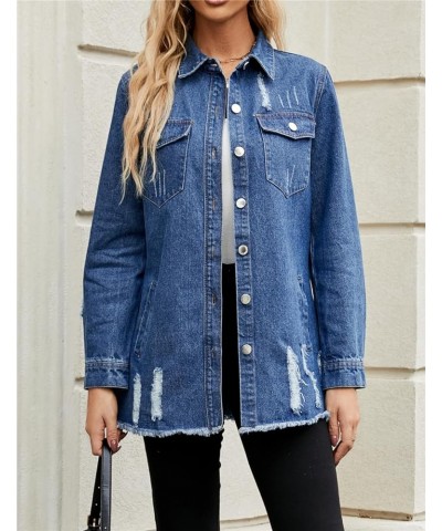 Denim Jacket for Women Long Sleeve Distressed Ripped Jean Coat Outerwear Classic Blue $23.51 Jackets