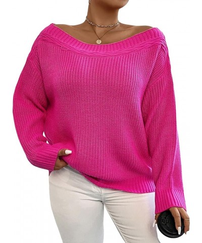 Women's Drop Shoulder Boat Neck Long Sleeve Sweater Jumper Knit Pullover Hot Pink $16.49 Sweaters